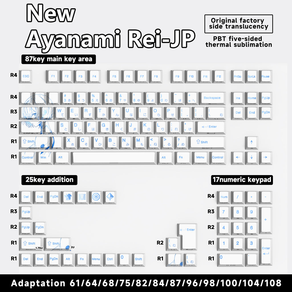 Rei Ayanami PBT Keycap Set – 129 Keys, Cherry Profile, Side Shine-Through