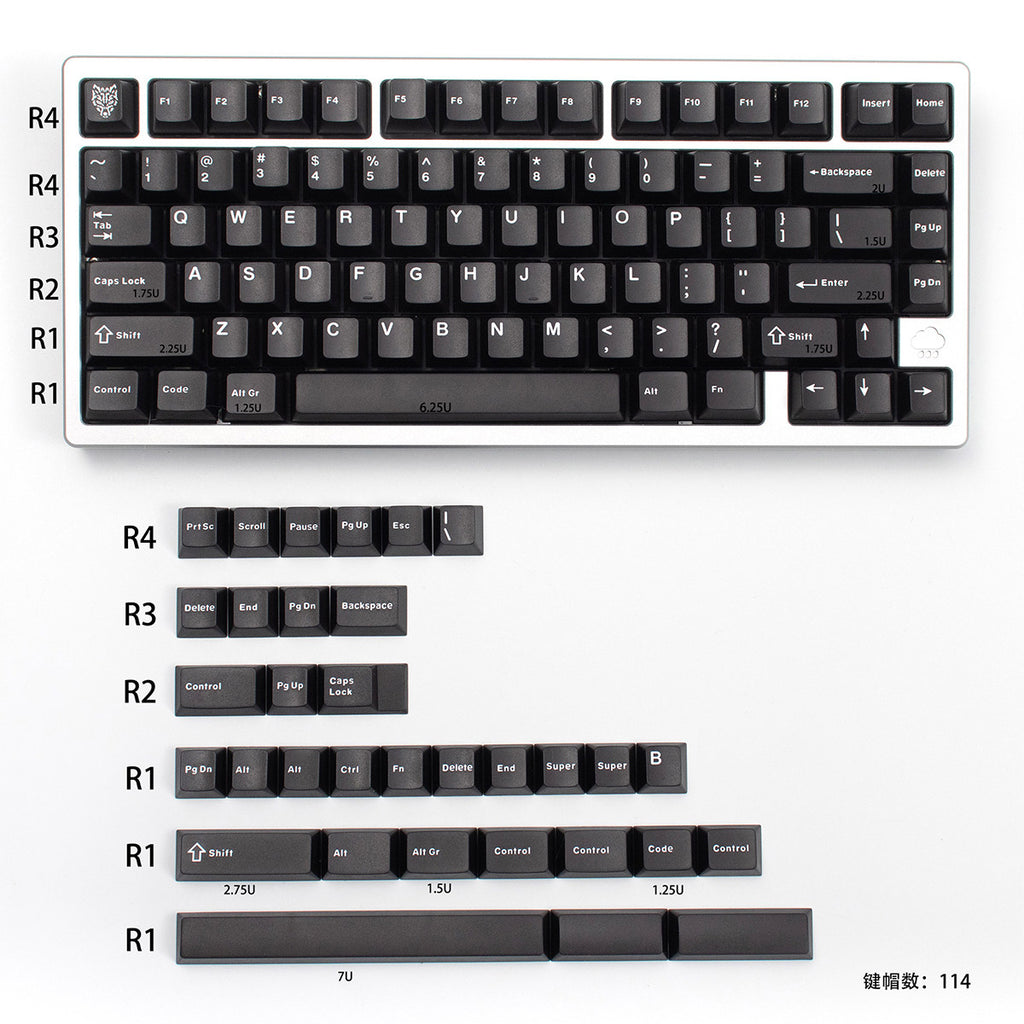 Translucent Keycaps Double-Shot — Black ABS Set, 114 Keys