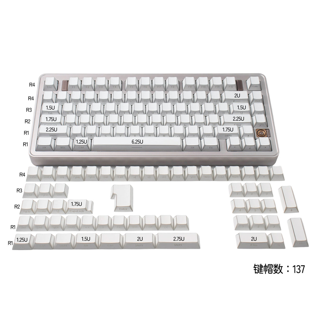 White Backlit Keycaps – Reflective Hollow-Out, PC + PBT Double-Shot, Cherry Profile
