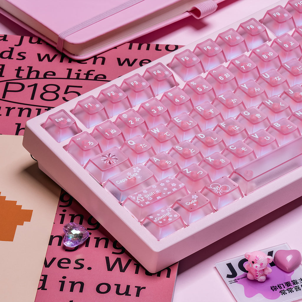 Translucent Pink PC Keycaps for Mechanical Keyboard — Pink Spring Harmony (112 Keys)