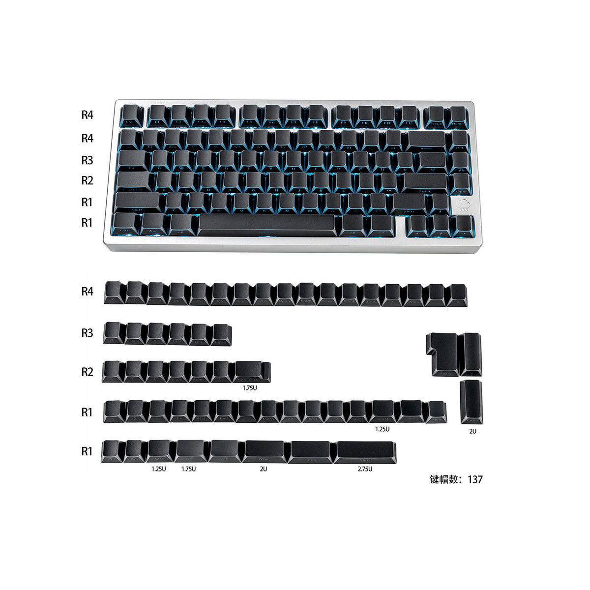 Black Backlit Keycaps - Reflective Hollow-Out, PC + PBT Double-Shot, Cherry Profile