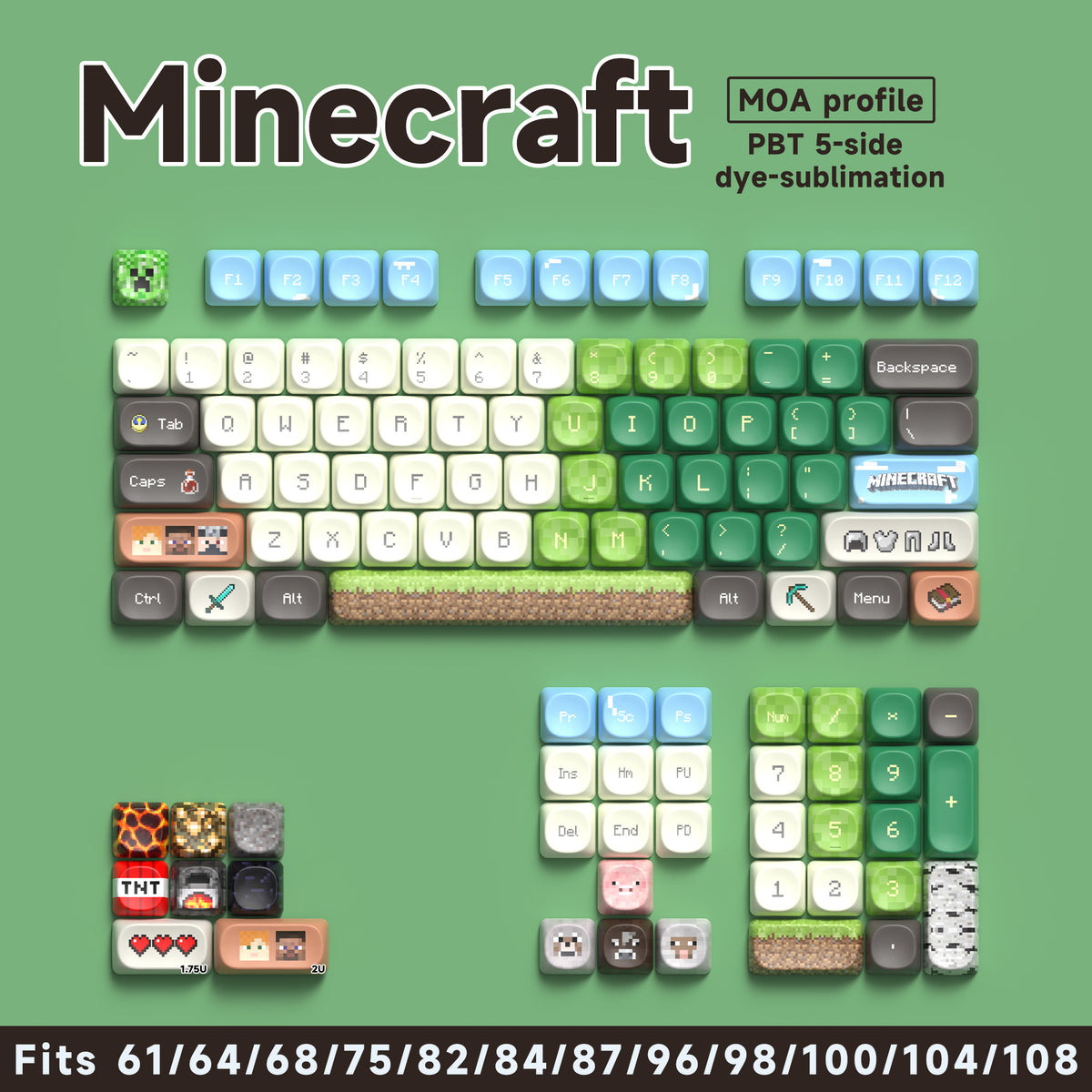 Minecraft PBT Keycap Set – 112 Keys, MOA Profile, Dye-Sub