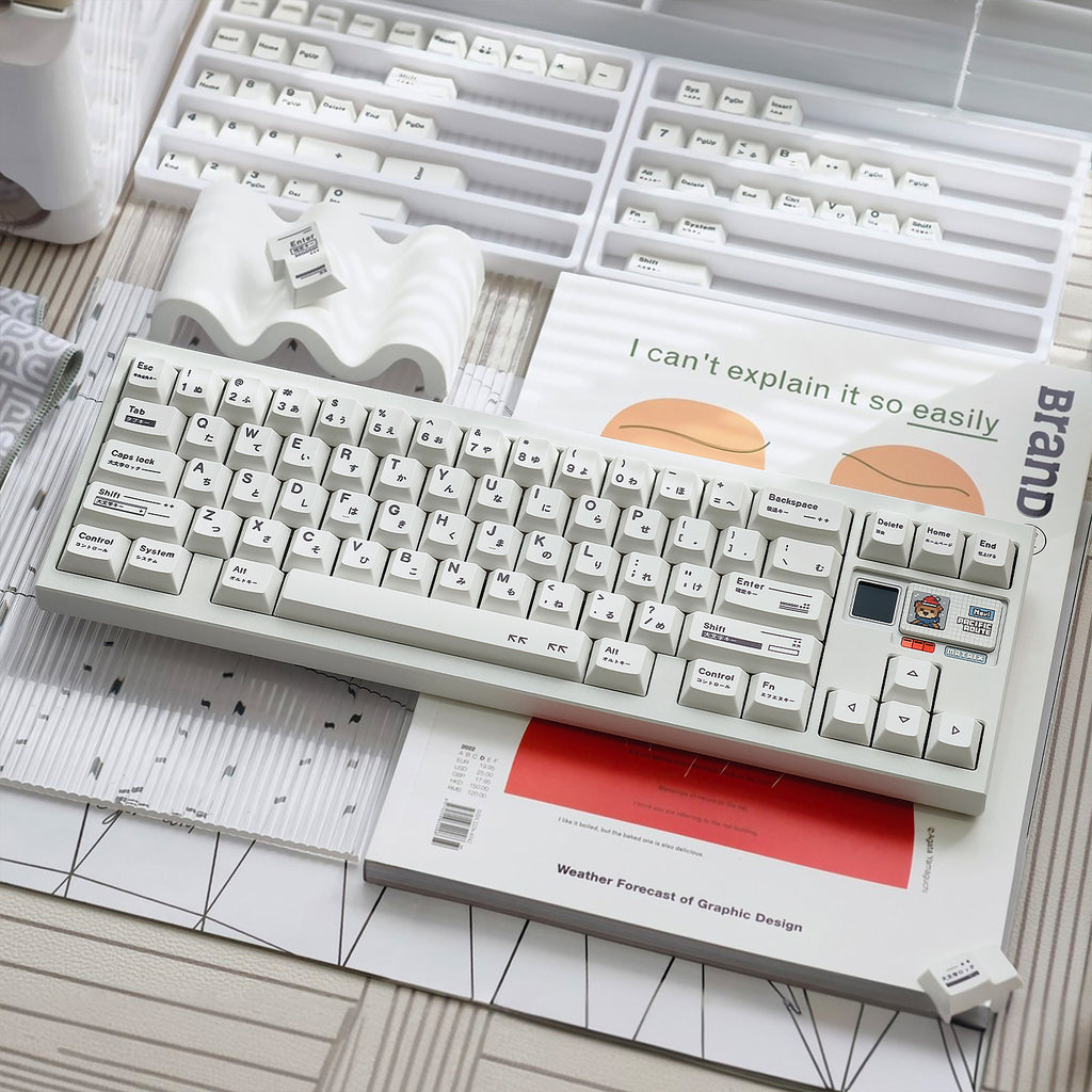 Minimalist White Keycaps – Irregular Braun-Style PBT Dye-Sublimated Set, Cherry Profile