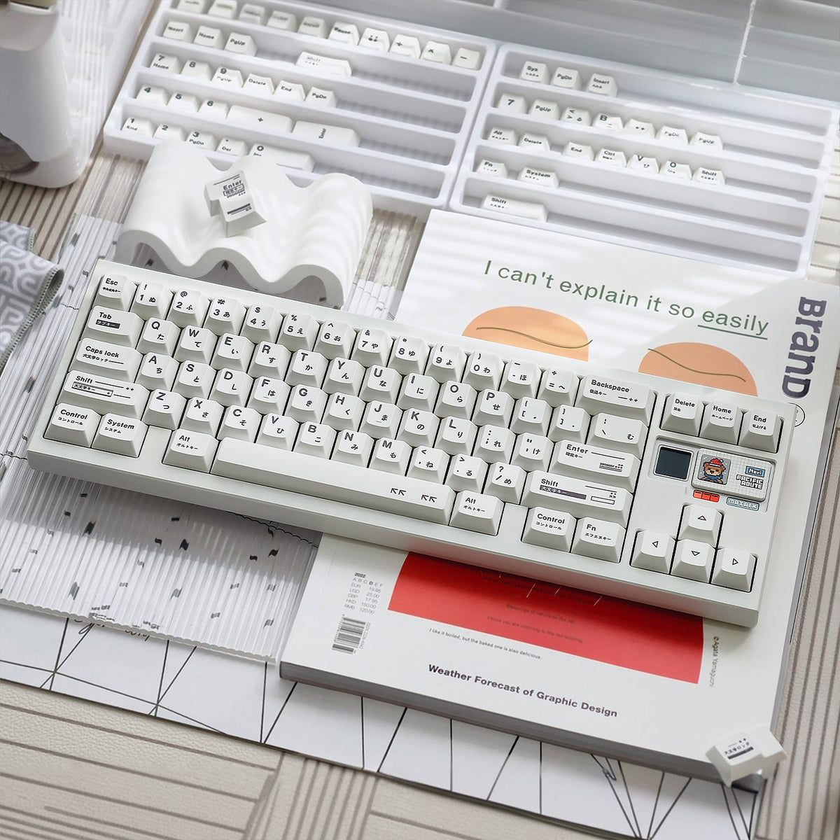 Minimalist White Keycaps – Irregular Braun-Style PBT Dye-Sublimated Set, Cherry Profile