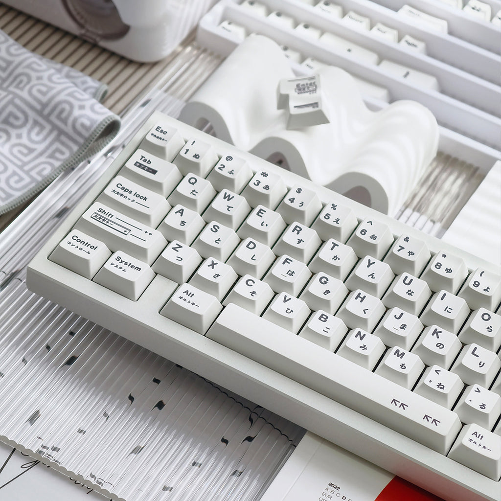 Minimalist White Keycaps – Irregular Braun-Style PBT Dye-Sublimated Set, Cherry Profile