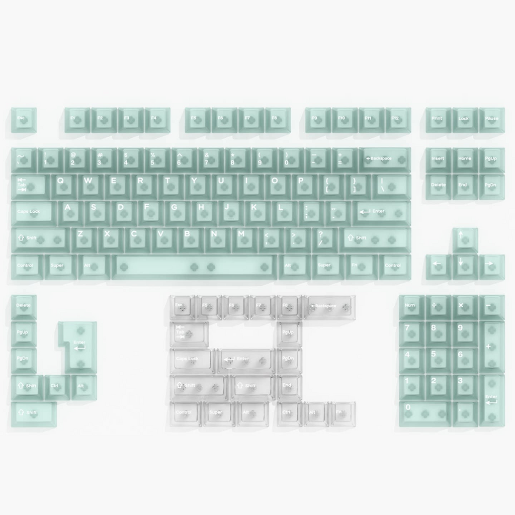 Translucent PC Keycaps — Misty Jade Green & White Set, 132 Keys