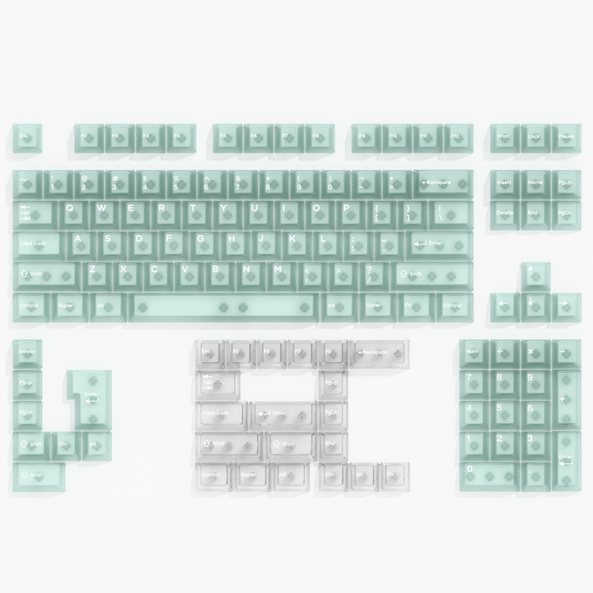 Translucent PC Keycaps — Misty Jade Green & White Set, 132 Keys