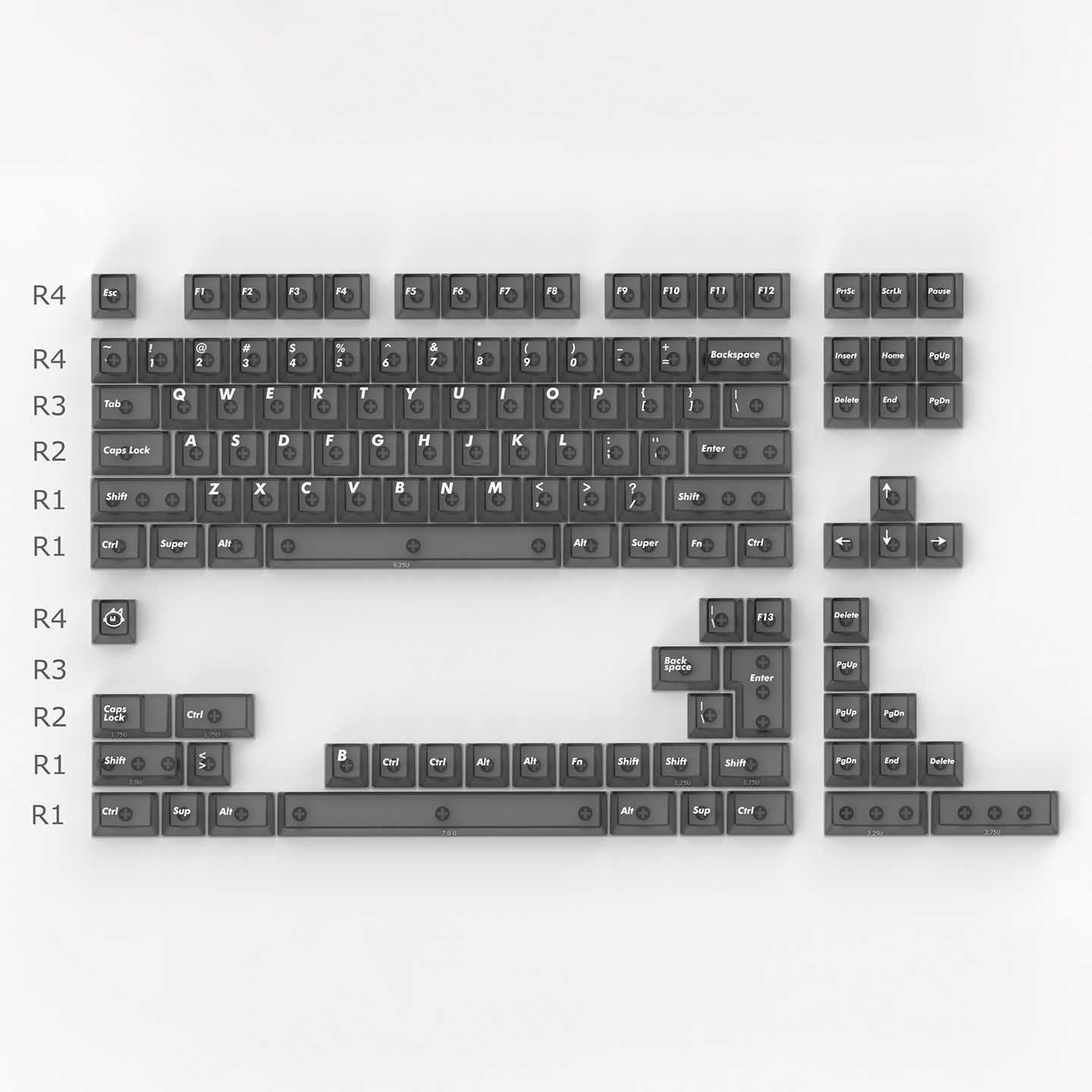 Keyboard keys laid out on a white background